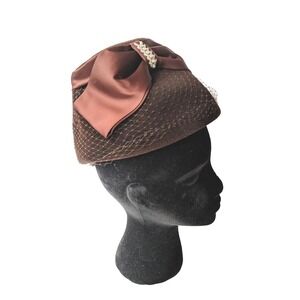 VINTAGE Brown Velour Church Hat With Satin Bow Netting Rhinestone Accent Antique